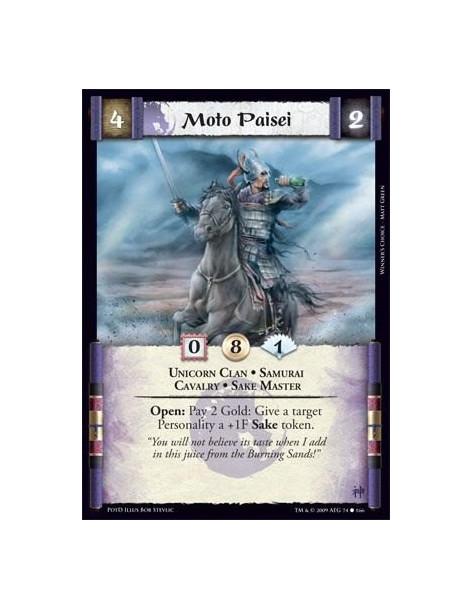Moto Paisei  - Unicorn Clan • Samurai  • Cavalry • Sake Master Open: Pay 2 Gold: Give a target Personality a +1F Sake token.