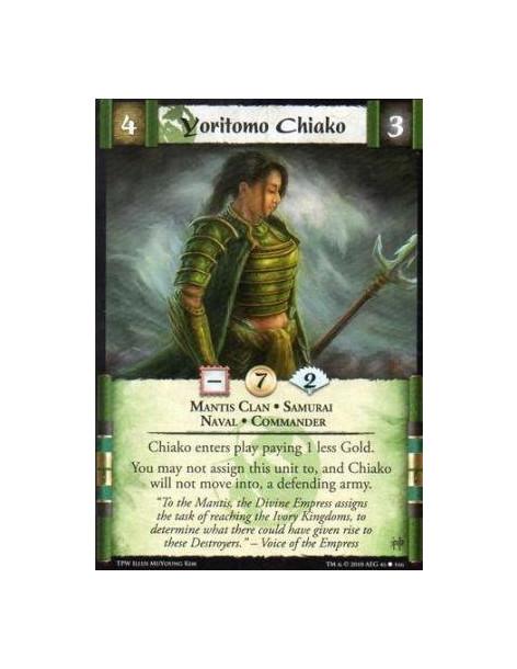 Yoritomo Chiako  - Mantis Clan • Samurai • Naval • Commander Chiako enters play paying 1 less Gold. You may not assign this unit