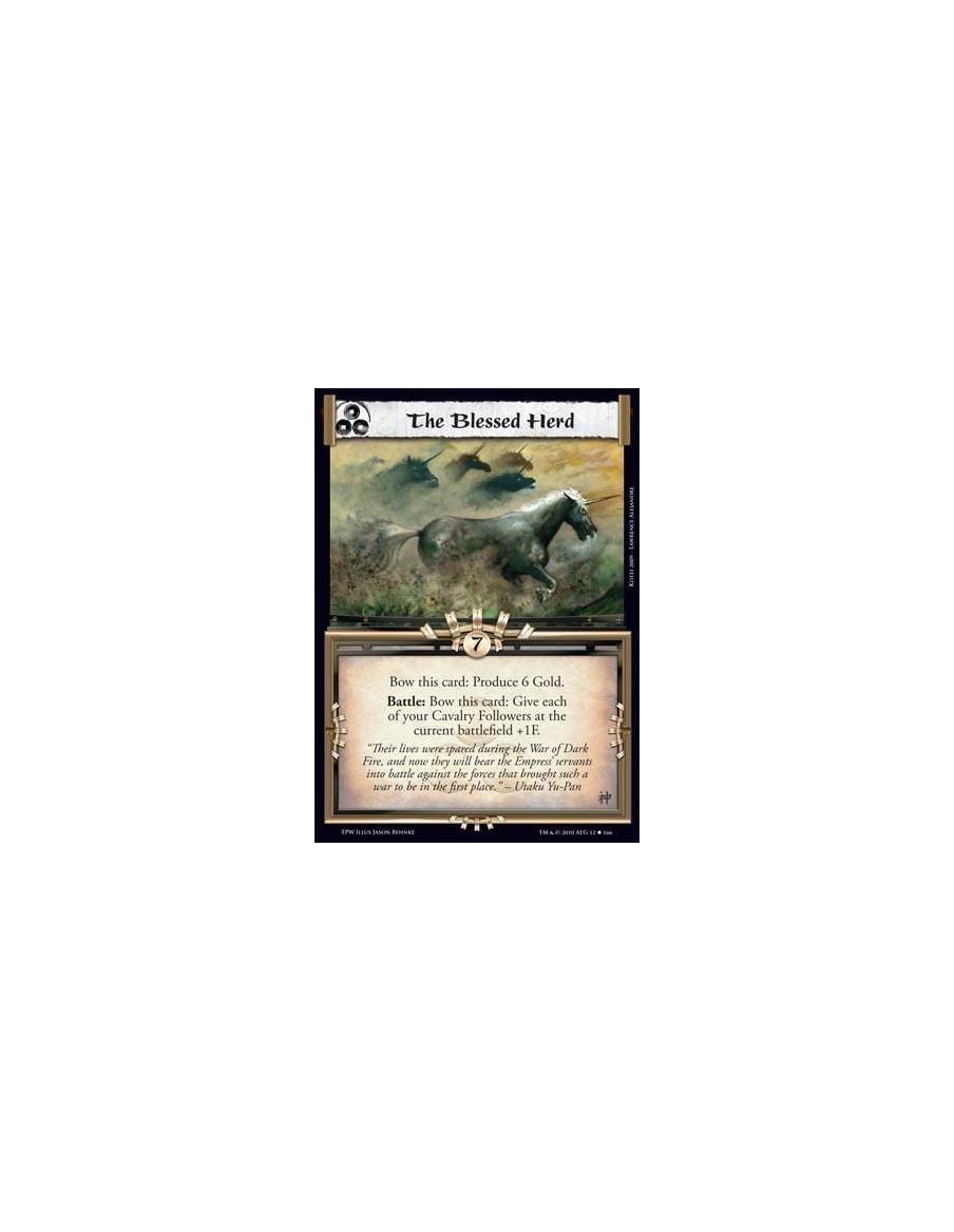 The Blessed Herd  - Bow this card: Produce 6 Gold.  Battle: Bow this card: Give each of your Cavalry Followers at the current ba