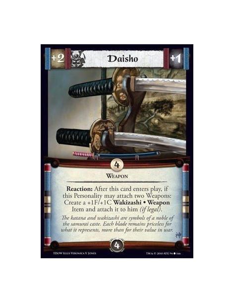 Daisho (Spanish)  - Weapon Reaction: After this card enters play, if this Personality may attach two Weapons: Create a +1F/+1C W