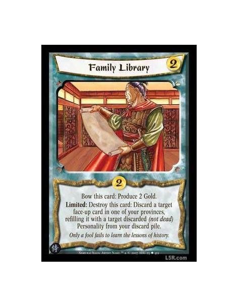 Family Library  - Bow this card: Produce 2 Gold.  Limited: Destroy this card: Discard a face-up card in one of your provinces, r