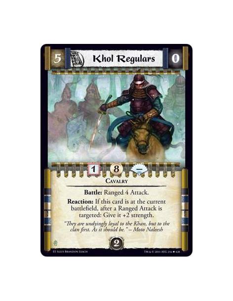 Khol Regulars  - CavalryBattle: Ranged 4 Attack. Reaction: If this card is at the current battlefield, after a Ranged Attack is 
