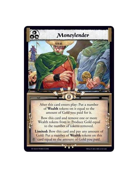 Moneylender  - After this card enters play: Put a number of Wealth tokens on it equal to the amount of Gold you paid for it. Bow