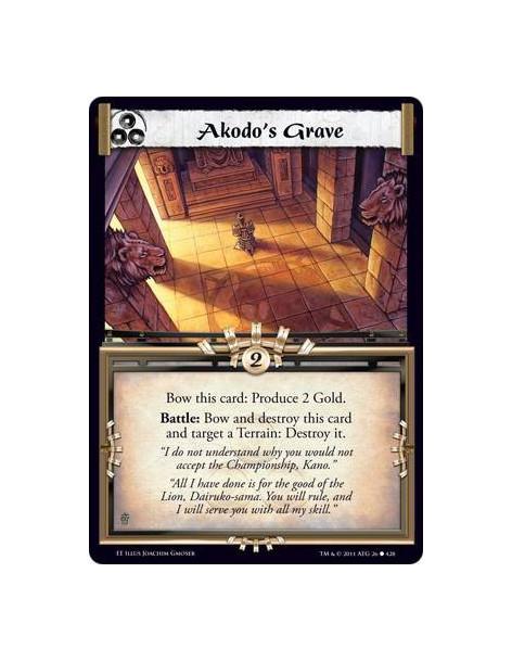 Akodo's Grave  - Bow this card: Produce 2 Gold. Battle: Bow and destroy this card and target a Terrain: Destroy it.