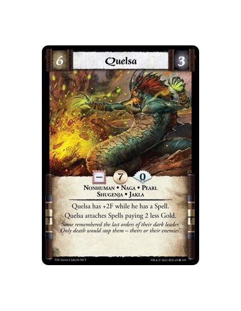 Quelsa  - Nonhuman • Naga • Pearl • Shugenja • JaklaQelsa has +2F whike he has a Spell. Quelsa attaches Spell paying 2 less Gold