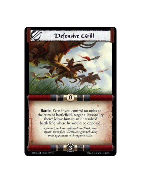 Defensive Grill  - Battle: Even if you control no units at the current battlefield, target a Personality there: Move him to an u