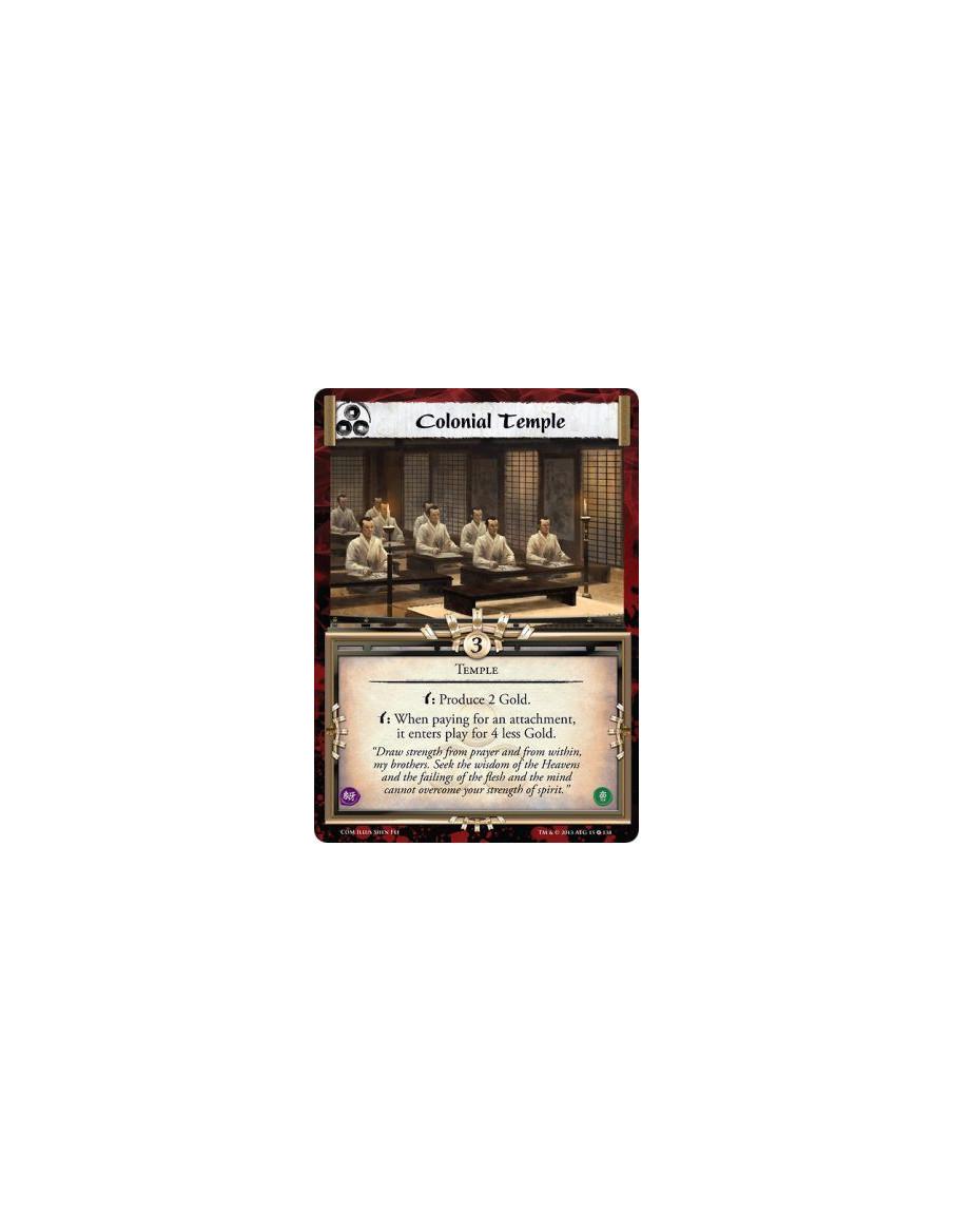 Colonial Temple  - Templew: Produce 2 Gold.w: When paying for an attachment, it enters play for 4 less Gold.