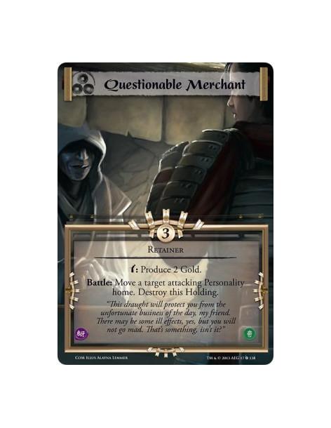 Questionable Merchant FULL BLEED  - Retainerw: Produce 2 Gold.Battle: Move a target attacking Personality home. Destroy this Hol