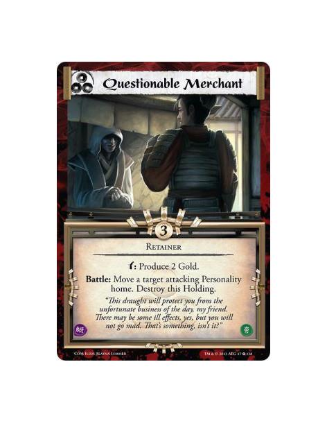 Questionable Merchant  - Retainerw: Produce 2 Gold.Battle: Move a target attacking Personality home. Destroy this Holding.