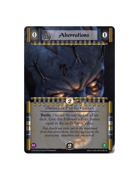 Aberrations FULL BLEED  - Disciples of P'an Ku • FallenBattle: Discard the top card of a Fate deck. Give this Follower a Force b
