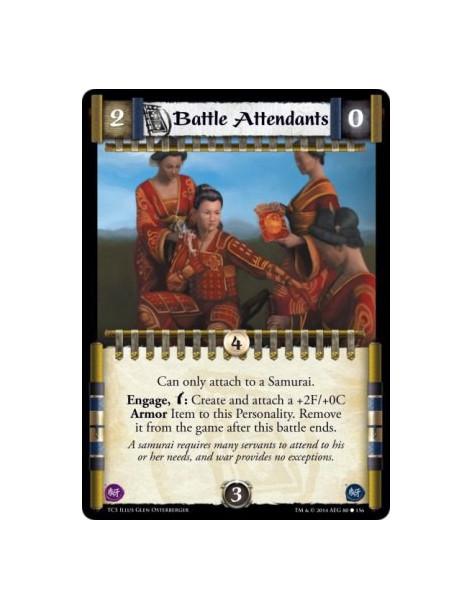 Battle Attendants  - Can only attach to a Samurai. Engage, w: Create and attach a +2F/+0C Armor Item to this Personality. Remove