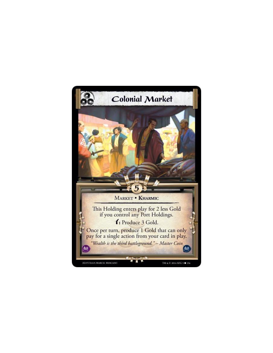 Colonial Market  - Kharmic • MarketThis Holding enters play for 2 less Gold if you control any Port Holdings.w: Produce 3 Gold.O
