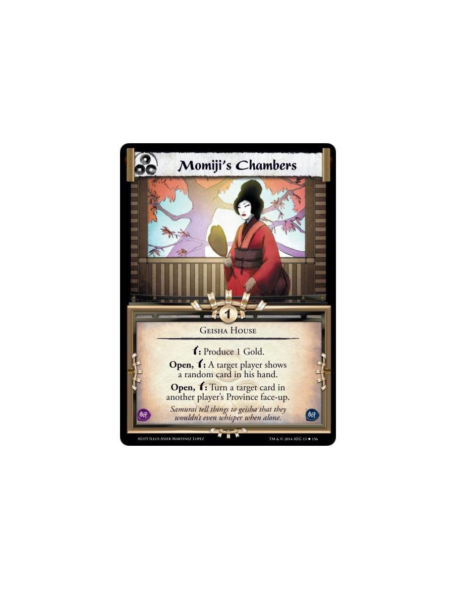 Momiji's Chambers  - Geisha Housew: Produce 1 Gold.Open, w: A target player shows a random card in his hand.Open, w: Turn a targ