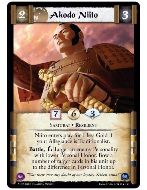 Akodo Niito FOIL  - Samurai • ResilientNiito enters play for 1 less Gold if your Allegiance is Traditionalist.Battle, w: Target 