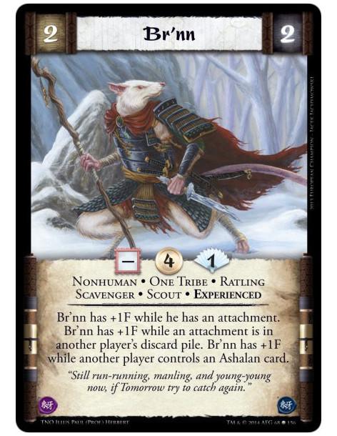 Br'nn  - Nonhuman • One Tribe • Ratling • Scavenger • Scout • ExperiencedBr'nn has +1F while he has an attachment. Br'nn has +1F
