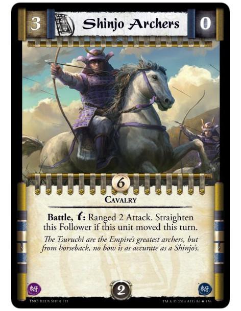 Shinjo Archers  - CavalryBattle, Bow: Ranged 2 Attack. Straighten this Follower if this unit moved this turn.
