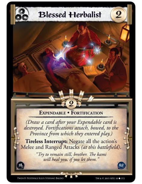 Blessed Herbalist  - Fortification • Expendable (Draw a card after your Expendable card is destroyed. Fortifications attach, bow
