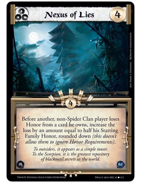 Nexus of Lies  - Before another, non-Spider Clan player loses Honor from a card he owns, increase the loss by an amount equal to