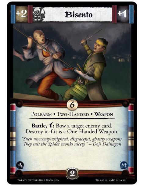 Bisento  - Polearm • Two-Handed • WeaponBattle, w: Bow a target enemy card. Destroy it if it is a One-Handed Weapon.
