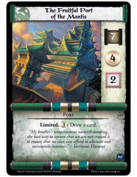 The Fruitful Port of the Mantis  -             Limited, : Draw a card.(When going second, you may, once per game, produce 2 Gold