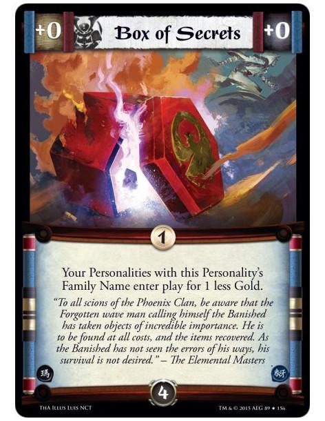Box of Secrets FOIL  -     Your Personalities with this Personality's Family Name enter play for 1 less Gold.