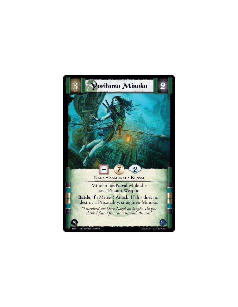 Yoritomo Minoko  - Naga • Samurai • Kensai          Minoko has Naval while she has a Peasant Weapon.Battle, w: Melee 3 Attack. I