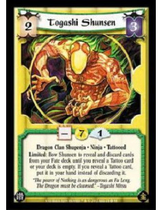Togashi Shunsen  - Dragon Clan Shugenja. Ninja. Tattooed Limited: Bow Shunsen to reveal and discard cards from your Fate deck un