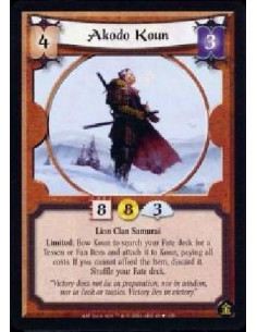 Akodo Koun  - Lion Clan Samurai Limited: Bow Koun to search your Fate deck for a Tessen or Fan Item and attach it to Koun, payin