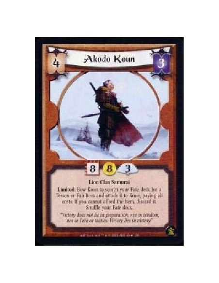 Akodo Koun  - Lion Clan Samurai Limited: Bow Koun to search your Fate deck for a Tessen or Fan Item and attach it to Koun, payin