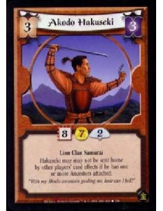 Akodo Hakuseki  - Lion Clan Samurai Hakuseki may may not be sent home by other players' card effects if he has one or more Ances