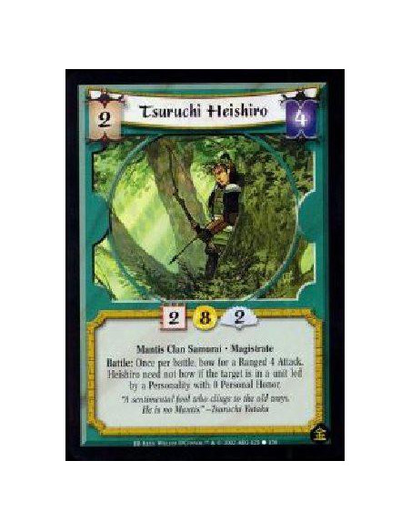 Tsuruchi Heishiro  - Mantis Clan Samurai. Magistrate Battle: Once per battle, bow for a Ranged 4 Attack. Heishiro need not bow i