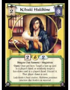 Kitsuki Hakihime  - Dragon Clan Samurai · Magistrate. Open: Once per turn: Target a face-up card in a player's hand, or randomly
