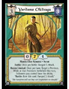Yoritomo Okitsugu  - Mantis Clan Samurai · Scout. Battle: Once per battle: Ranged 3 Attack. Recon Limited: Once per turn: Target