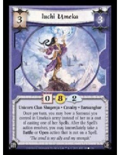 Iuchi Umeka (Spanish)  - Unicorn Clan Shugenja · Cavalry · Baraunghar. Once per turn, you may bow a Samurai you control in Umeka