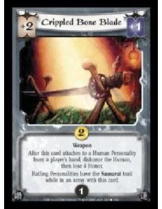 Crippled Bone Blade (Spanish)  - Weapon. After this card attaches to a Human Personality from a player's hand, dishonor the Huma