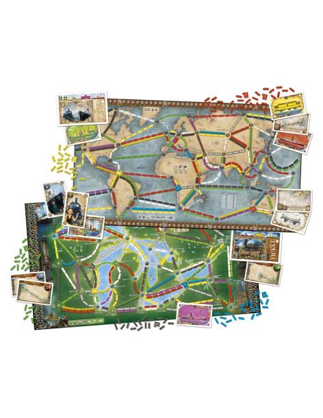 ¡Aventureros al Tren! La Vuelta al Mundo  - CONTENIDO

1 tablero de juego de doble cara (Mundo / Grandes lagos), 165 piezas de T 2