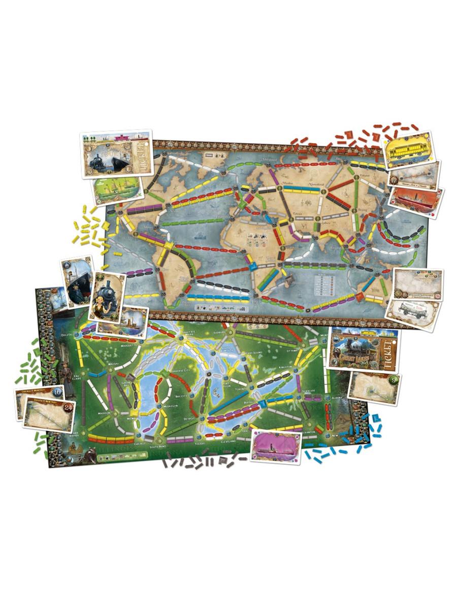 ¡Aventureros al Tren! La Vuelta al Mundo  - CONTENIDO

1 tablero de juego de doble cara (Mundo / Grandes lagos), 165 piezas de T