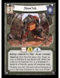 Nem'tek FOIL (Spanish)  - Ratling · Tattered Ear Tribe · Scout · Creature. Reaction: After Nem'tek enters play: Target an Item o