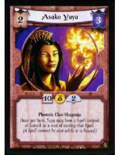 Asako Yuya  - Phoenix Clan Shugenja Once per turn, Yuya may bow a Spell instead of herself as a cost of casting that spell. (A s