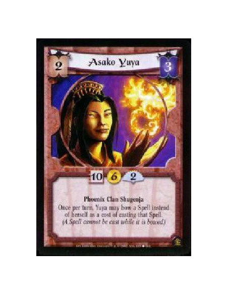 Asako Yuya  - Phoenix Clan Shugenja Once per turn, Yuya may bow a Spell instead of herself as a cost of casting that spell. (A s