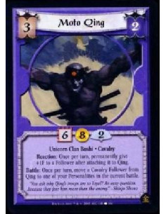 Moto Qing  - Unicorn Clan Bushi * Cavalry Reaction: Once per turn, permanently give +1F to a Follower after attaching it to Qing