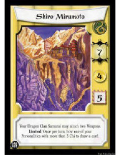 Shiro Mirumoto (Español)  - Your Dragon Clan Samurai may attach two Weapons. Limited: Once per turn, bow one of your Personaliti