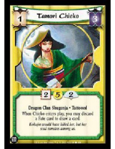 Tamori Chieko  - Dragon Clan Shugenja * Tattooed When Chieko enters play, you may discard a Fate card to draw a card. 