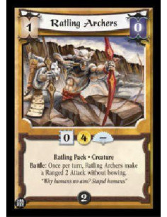Ratling Archers (Spanish)  - Ratling Pack * Creature Battle: Once per turn, Ratling Archers make a Ranged 2 Attack without bowin