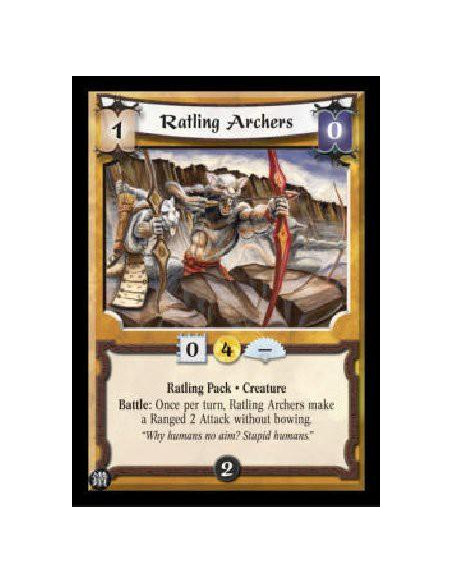 Ratling Archers (Spanish)  - Ratling Pack * Creature Battle: Once per turn, Ratling Archers make a Ranged 2 Attack without bowin