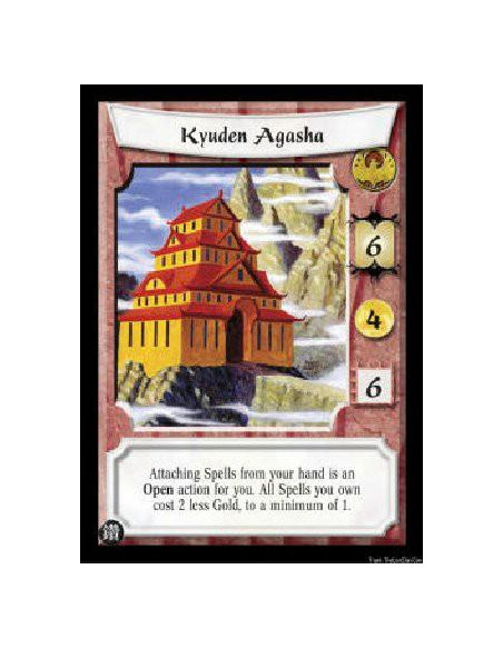 Kyuden Agasha FOIL  - Attaching Spells from your hand is an Open action for you. All Spells you own cost 2 less Gold, to a minim