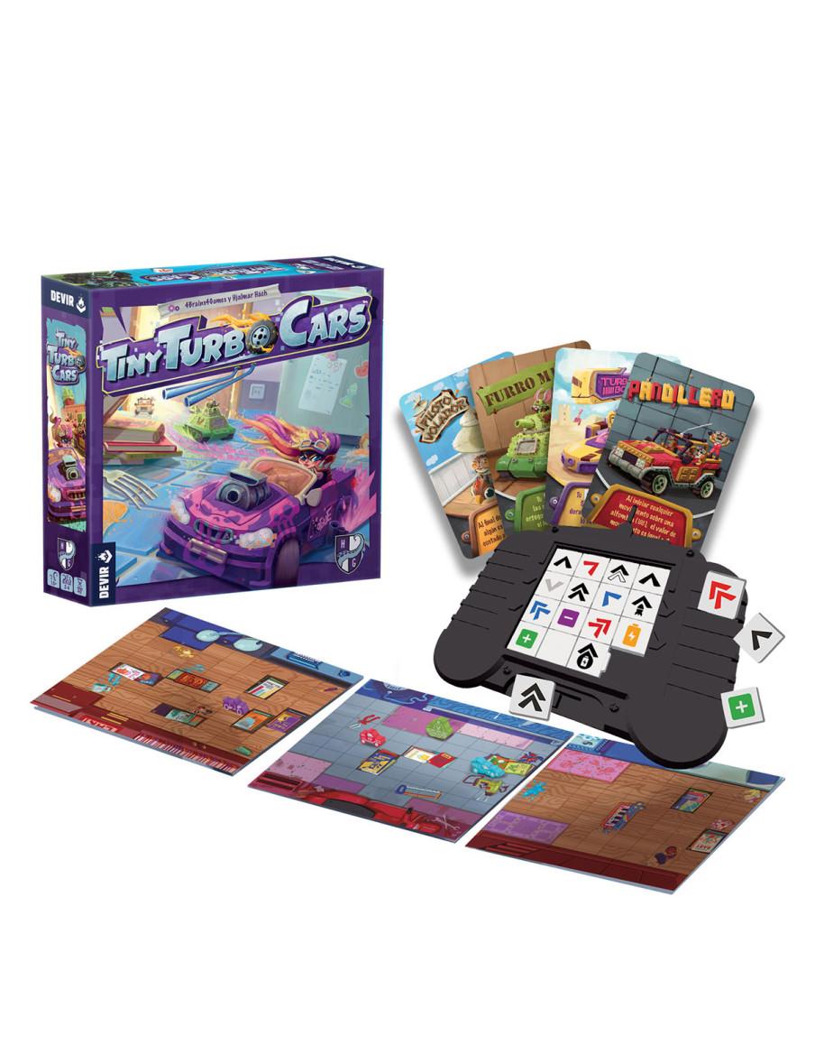 Tiny Turbo Cars. Boardgame  - Por fin os quedáis solos en casa, así que es momento de... ¡Montar un circuito de carreras! Las pi