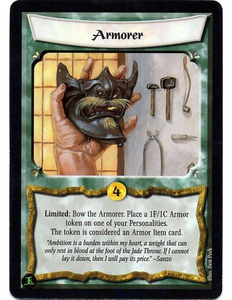 Armorer  - Limited: Bow the Armorer. Place a 1F/1C Armor token on one of your Personalities. The token is considered an Armor It