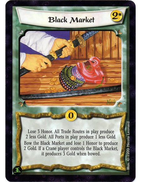 Black Market  - Lose 3 Honor. All Trade Routes in play produce 2 less gold. All Ports in play produce 1 less gold. Bow and lose 