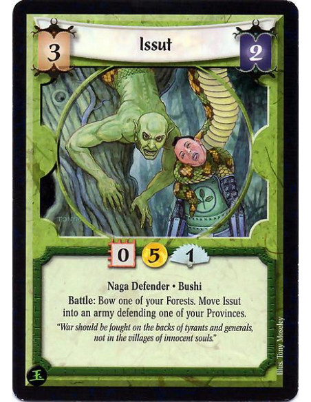 Issut  - Naga Defender. Bushi Battle: Bow one of your Forests. Move Issut into an army defending one of your Provinces.